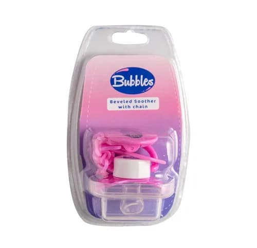 BUBBLES BEVELED SOOTHER W/CH.N.BORN PINK