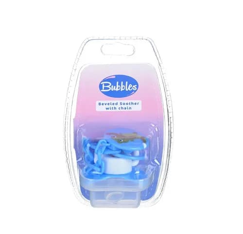 BUBBLES BEVELED SOOTHER W/CH.N.BORN BLUE